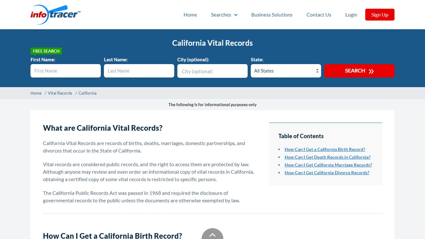 California Vital Records | Birth, Marriage, Divorce, Death - InfoTracer